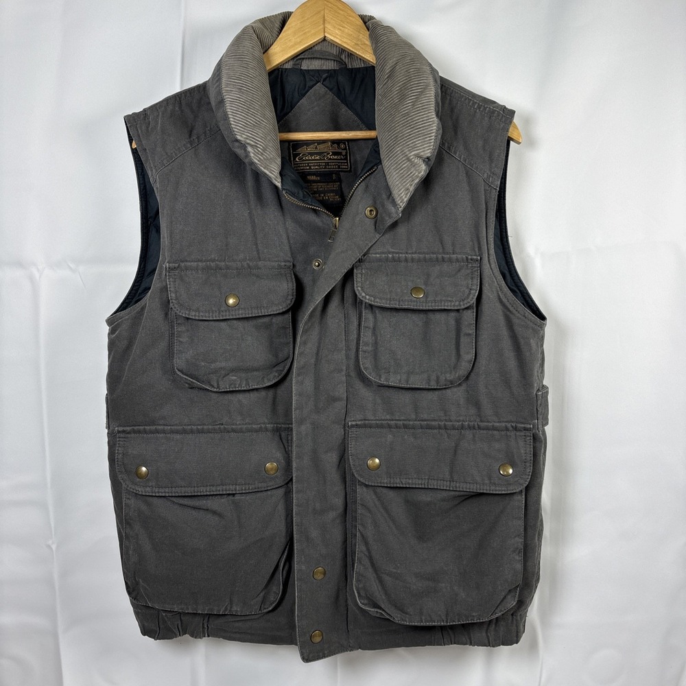 Eddie Bauer Goose Down Men's Small Super Canvas Puffer Utility Vest Charcoal Vtg